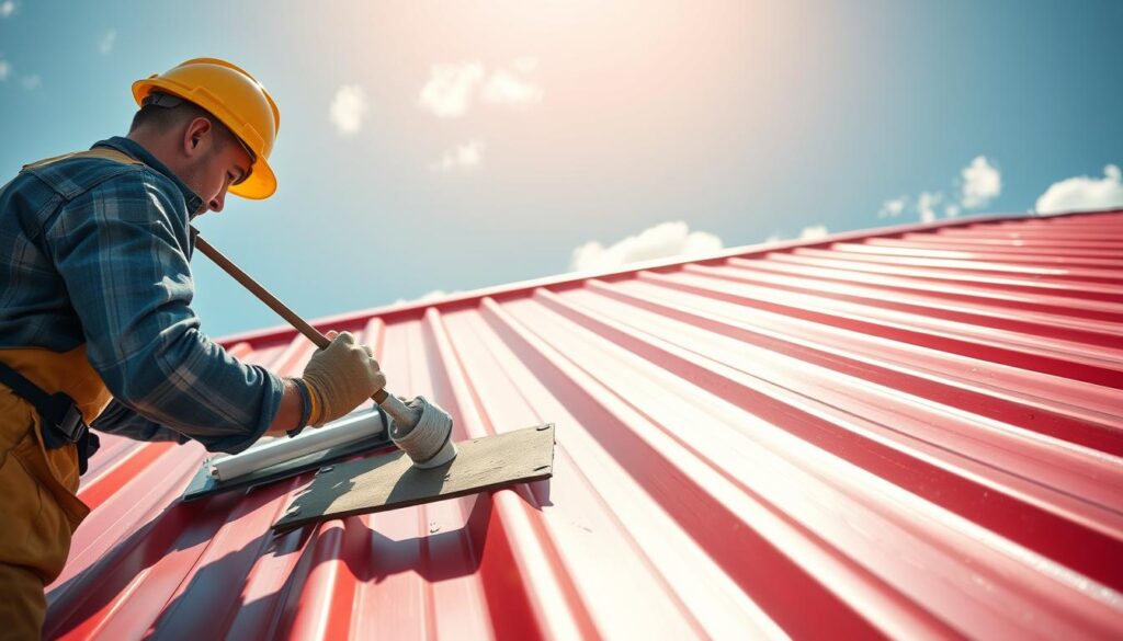 A close-up view of a fresh, vibrant metal roof being painted in a bright, protective color. In the foreground, a professional painter carefully applies the coating, wearing a safety helmet and gloves, showcasing a focus on quality workmanship. In the middle, the roof's gleaming metal surface reflects the sunlight, highlighting its smooth texture and the vivid hue of the paint. The background features a clear blue sky with a few fluffy clouds, enhancing the atmosphere of a productive, sunny day. The soft natural lighting creates a warm and inviting mood, emphasizing the importance of maintaining and protecting the roof through regular painting. A close-up view of a fresh, vibrant metal roof being painted in a bright, protective color. In the foreground, a professional painter carefully applies the coating, wearing a safety helmet and gloves, showcasing a focus on quality workmanship. In the middle, the roof's gleaming metal surface reflects the sunlight, highlighting its smooth texture and the vivid hue of the paint. The background features a clear blue sky with a few fluffy clouds, enhancing the atmosphere of a productive, sunny day. The soft natural lighting creates a warm and inviting mood, emphasizing the importance of maintaining and protecting the roof through regular painting.