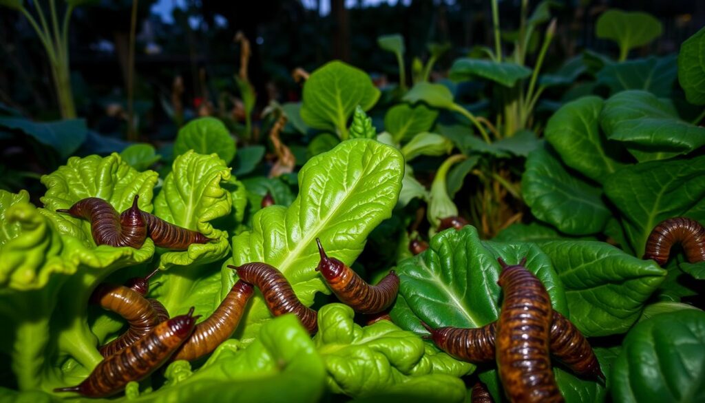 A close-up view of a garden threatened by slugs, showcasing leafy vegetables like lettuce and spinach being devoured by slimy, brown slugs. In the foreground, the slugs are actively crawling on the vibrant green leaves, leaving a trail of damage. The middle ground features various vegetables, some healthy and thriving while others appear wilted and munched on. In the background, an overgrown garden with wilted plants and lurking shadows creates a sense of unease. The scene is illuminated by soft, diffused twilight lighting that highlights the textures of the leaves and the glistening wetness of the slugs, enhancing the feeling of danger. The overall mood is tense and foreboding, capturing the struggle of a garden under siege.