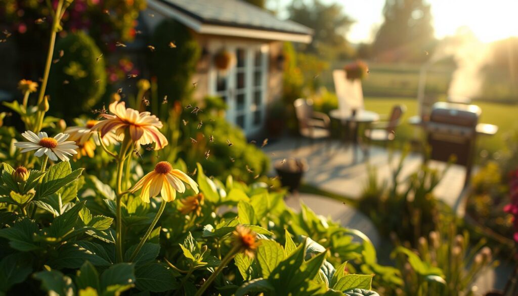 A close-up view of a lush garden overtaken by swarms of pesky gnats, illustrating the negative impact of their invasion. In the foreground, delicate flowers and vibrant green plants show signs of distress, with drooping leaves and tiny insects hovering around them. In the middle ground, a quaint patio area is depicted, scattered with outdoor furniture and a fuming barbecue, indicating a disrupted outdoor experience. The background features a soft-focus garden landscape bathed in the warm glow of late afternoon sunlight, casting long shadows. The mood is tense, highlighting the frustration of dealing with these insects. The scene should convey a sense of urgency and impact, with a clear emphasis on the relationship between the gnats and the garden plants.