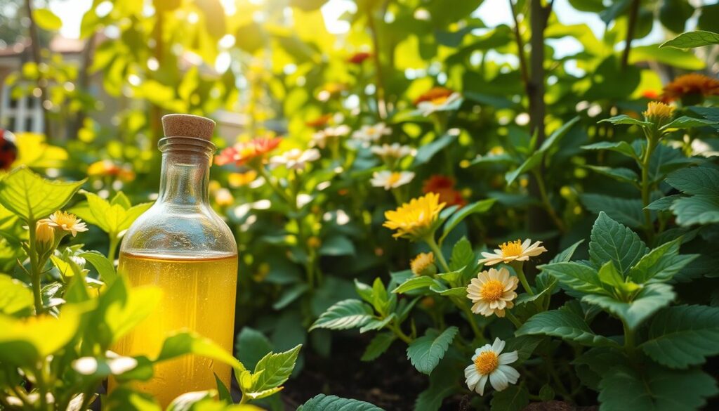 A close-up view of a lush garden scene showcasing natural pest control methods against aphids. In the foreground, a bottle of homemade organic pesticide made from neem oil and garlic sits beside vibrant green plants, some of which are infested with small yellow aphids. The middle ground features flourishing flowers and healthy foliage, with a few ladybugs visible, symbolizing beneficial insects. In the background, sunlight filters through a canopy of leaves, casting soft, warm light over the entire scene, creating an inviting and serene atmosphere. The composition should be vibrant and detailed, highlighting the importance of natural pest management in gardening, with a focus on the lushness and vitality of the plants involved.