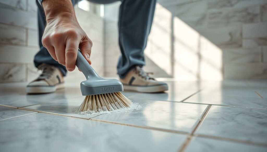 A close-up view of a person cleaning cement and epoxy grout in a bathroom setting. The individual, dressed in smart casual attire, is using a specialized brush and a cleaning solution to restore the grout's original color. Light streams from a nearby window, illuminating the tile surface and highlighting contrasts between clean and dirty grout lines. In the background, soft-focus tiles create a serene bathroom ambiance, with neutral tones enhancing the cleanliness theme. The composition should capture the attention to detail involved in the cleaning process, reflecting a mood of diligence and transformation, as fresh, bright grout emerges against dull, stained sections.