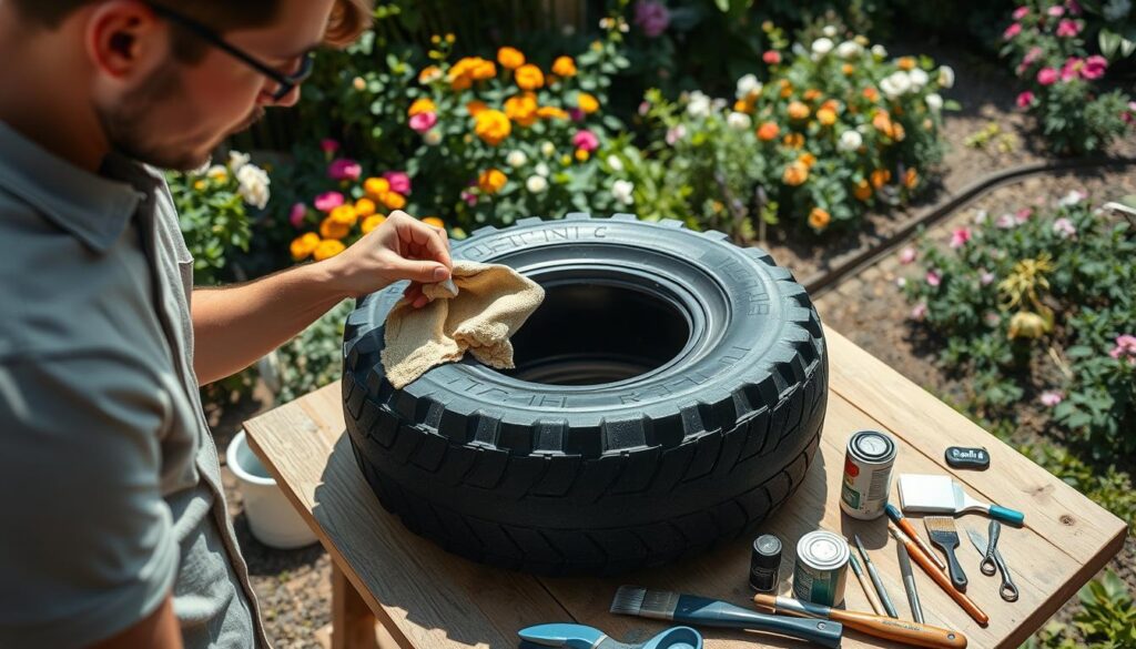 A close-up view of a person preparing a rubber tire for painting in a well-lit outdoor setting. The foreground features a focused individual wearing modest casual clothing, carefully cleaning the surface of the tire with a cloth and a bottle of cleaning solution. In the middle, the tire is positioned on a wooden workbench scattered with tools and paint supplies, showcasing brushes, paint cans, and protective gear. The background includes a colorful garden with blooming flowers and greenery, creating a tranquil atmosphere. The lighting is bright and natural, enhancing the vibrant colors of the garden and the detailed texture of the rubber tire. The angle is slightly from above, capturing the action of preparation. A close-up view of a person preparing a rubber tire for painting in a well-lit outdoor setting. The foreground features a focused individual wearing modest casual clothing, carefully cleaning the surface of the tire with a cloth and a bottle of cleaning solution. In the middle, the tire is positioned on a wooden workbench scattered with tools and paint supplies, showcasing brushes, paint cans, and protective gear. The background includes a colorful garden with blooming flowers and greenery, creating a tranquil atmosphere. The lighting is bright and natural, enhancing the vibrant colors of the garden and the detailed texture of the rubber tire. The angle is slightly from above, capturing the action of preparation.