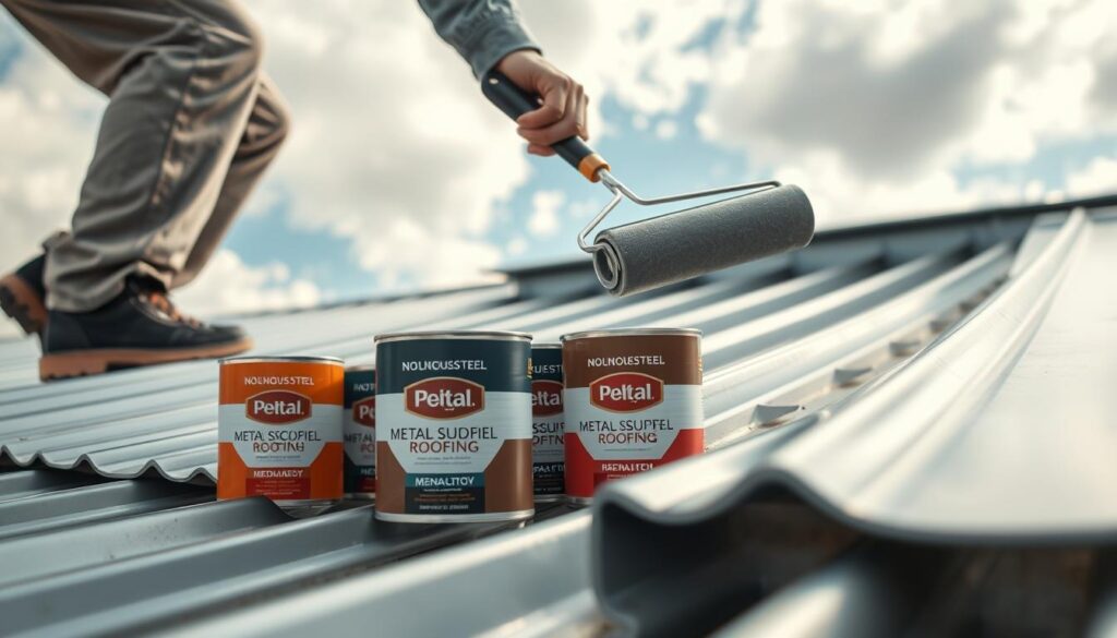 A close-up view of a professional painter carefully applying paint to a galvanized metal roof using a brush and roller. The foreground features the painter dressed in modest, professional attire, concentrating on achieving a smooth finish. In the middle ground, a vibrant array of paint cans labeled for metal surfaces can be seen, showcasing various colors for roofing applications. The background depicts a partially cloudy sky, allowing soft, natural lighting to illuminate the scene, emphasizing the sheen of the freshly painted metal surface. The atmosphere conveys a sense of precision and professionalism, highlighting the techniques and tools unique to painting galvanized steel.