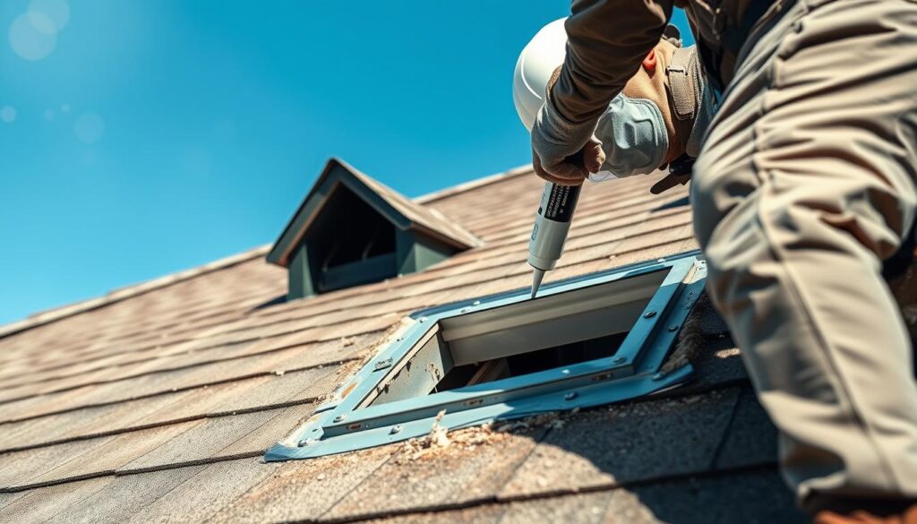 A close-up view of a professional worker sealing a roof entrance, using caulking and insulation materials. The foreground features the worker outfitted in protective gear, expertly applying sealant around a roof vent, illustrating the process of securing the entrance against pests. In the middle background, the sloped roof showcases shingles and potential entry points for wildlife, while the distant backdrop reveals a clear blue sky. The scene is illuminated by bright, natural sunlight, casting soft shadows that emphasize the textures of the materials. The overall atmosphere conveys a sense of diligence and professionalism in building maintenance, highlighting the importance of sealing as a key element of pest protection.