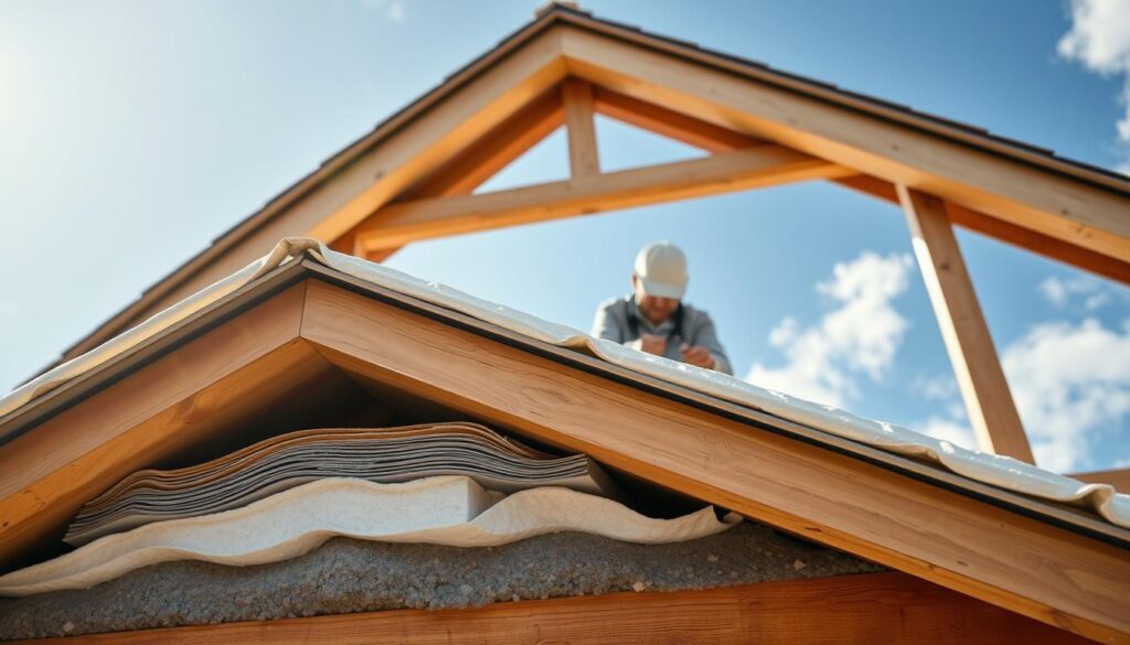 A close-up view of a sloped, capped roof showcasing the insulation layers of a gable roof structure. The foreground features a detailed cross-section, clearly illustrating the various insulation materials, including fiberglass and foam boards, laid between sturdy wooden rafters. In the middle ground, a skilled contractor in professional attire is carefully fitting insulation between the rafters, emphasizing the hands-on aspect of the installation process. The background captures a bright, sunny day with a blue sky, creating a warm and inviting atmosphere. Soft, natural lighting highlights the textures of the materials while casting gentle shadows, enhancing the overall depth of the scene. The image conveys a sense of professionalism and expertise in roofing insulation techniques. A close-up view of a sloped, capped roof showcasing the insulation layers of a gable roof structure. The foreground features a detailed cross-section, clearly illustrating the various insulation materials, including fiberglass and foam boards, laid between sturdy wooden rafters. In the middle ground, a skilled contractor in professional attire is carefully fitting insulation between the rafters, emphasizing the hands-on aspect of the installation process. The background captures a bright, sunny day with a blue sky, creating a warm and inviting atmosphere. Soft, natural lighting highlights the textures of the materials while casting gentle shadows, enhancing the overall depth of the scene. The image conveys a sense of professionalism and expertise in roofing insulation techniques.
