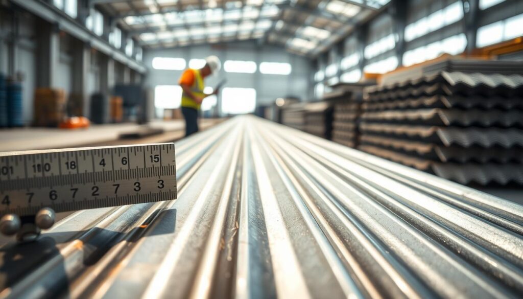 A close-up view of a trapezoidal metal sheet showcasing various thicknesses, emphasizing the texture and patterns of the steel. In the foreground, a measuring device highlights the thickness in millimeters, capturing light reflections on the metal's surface. The middle ground features a worker in professional attire inspecting the sheet, focusing on the attributes that prevent warping. The background shows a well-lit construction site with stacks of trapezoidal sheets, ensuring a clean and organized environment. Soft natural lighting enhances the contours and metallic sheen of the sheets, while a slight depth of field draws attention to the key elements. The overall atmosphere is one of professionalism and precision, ideal for construction and roofing applications. A close-up view of a trapezoidal metal sheet showcasing various thicknesses, emphasizing the texture and patterns of the steel. In the foreground, a measuring device highlights the thickness in millimeters, capturing light reflections on the metal's surface. The middle ground features a worker in professional attire inspecting the sheet, focusing on the attributes that prevent warping. The background shows a well-lit construction site with stacks of trapezoidal sheets, ensuring a clean and organized environment. Soft natural lighting enhances the contours and metallic sheen of the sheets, while a slight depth of field draws attention to the key elements. The overall atmosphere is one of professionalism and precision, ideal for construction and roofing applications.