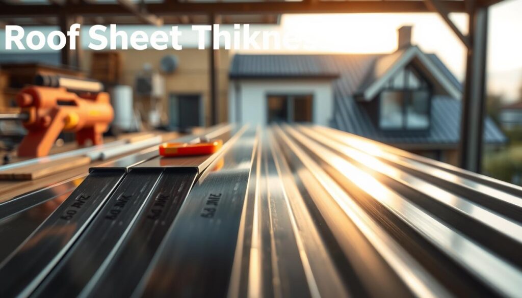A close-up view of a variety of roof sheet metal thickness samples, showcasing standard sizes used in Poland. In the foreground, place several strips of metal sheets, each labeled with their thickness, and shiny surfaces reflecting soft, natural lighting. The middle ground features a crafting table with tools for measuring and cutting metal, emphasizing craftsmanship and precision. In the background, slightly blurred, display a modern residential house roof with an appealing aesthetic, hinting at proper installation. The mood is professional and informative, illustrating standards and materials in roofing. Use a soft focus lens to enhance the details of the metal sheets and tools, creating an inviting and educational atmosphere suitable for an article.