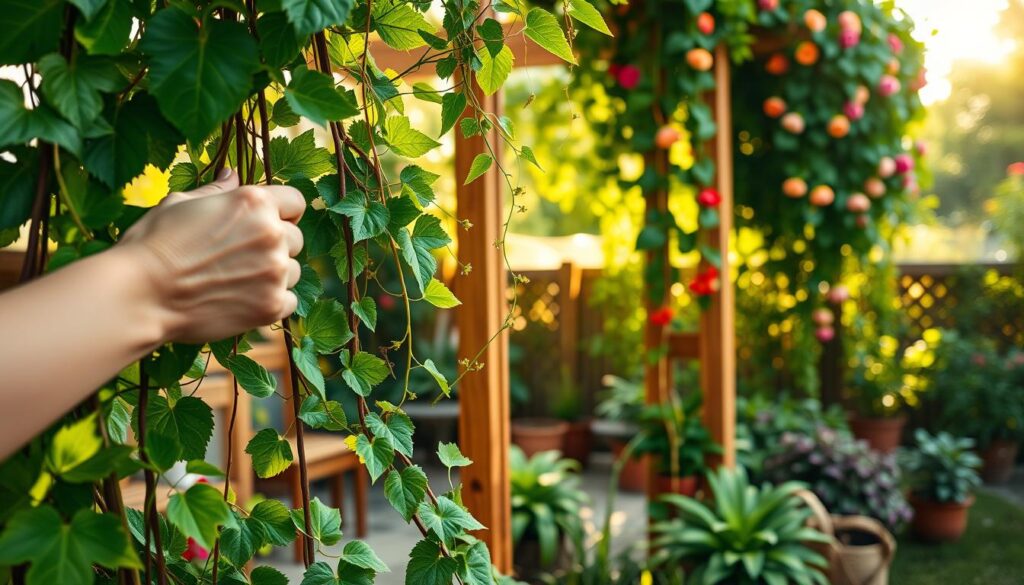 A close-up view of a vibrant garden scene featuring a caregiver nurturing climbing plants on a trellis. In the foreground, there are hands gently pruning the leaves of lush green vines, showcasing intricate details of leaves and tendrils. The middle ground highlights a wooden trellis adorned with colorful flowers climbing up, surrounded by neatly arranged potted plants with healthy foliage. In the background, a soothing sunlight filters through the leaves, creating a warm, inviting atmosphere. Soft focus on the background highlights the greenery, while sharp details in the foreground bring the viewer's attention to the act of nurturing the plants. The overall mood is serene and encouraging for plant care enthusiasts. Natural lighting emphasizes the freshness of the garden.