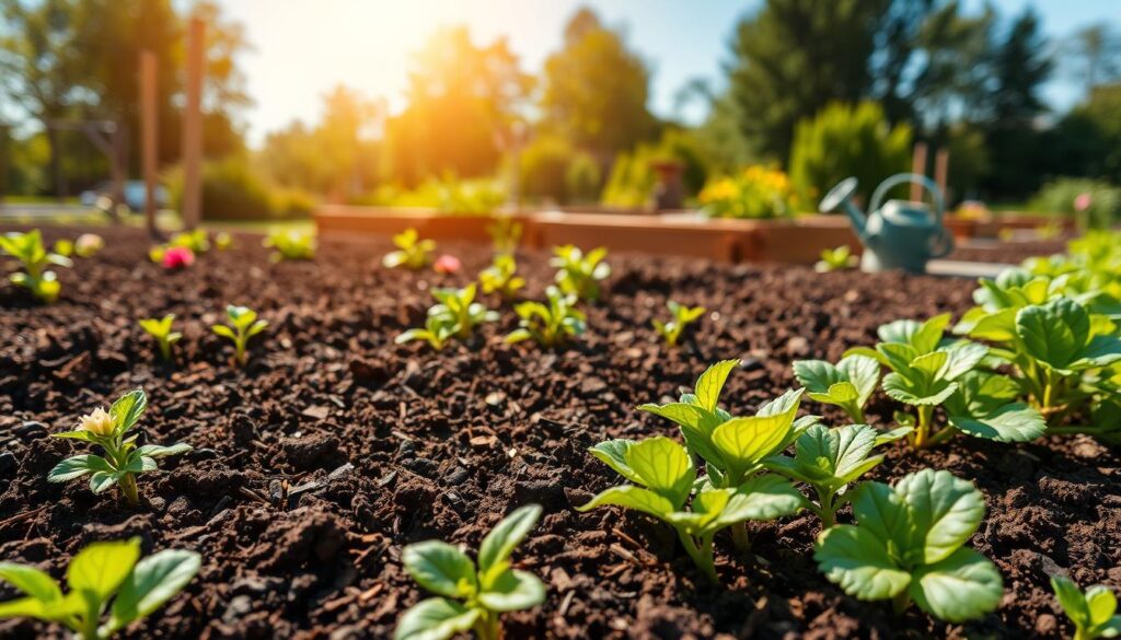 A close-up view of a vibrant garden scene featuring fresh, dark brown compost as an ecological mulch layer spread across flower beds. In the foreground, include a mix of green plants, some blooming flowers, and healthy, leafy vegetables thriving amidst the compost. The middle ground should show additional garden elements, like wooden garden beds and a small watering can, suggesting an active gardening environment. In the background, soft-focus trees and a bright blue sky contribute to a serene and productive atmosphere. The lighting should be warm and natural, emulating a sunny afternoon, with a slight lens flare to add a magical touch to the scene. The overall mood should convey sustainability and biodiversity.