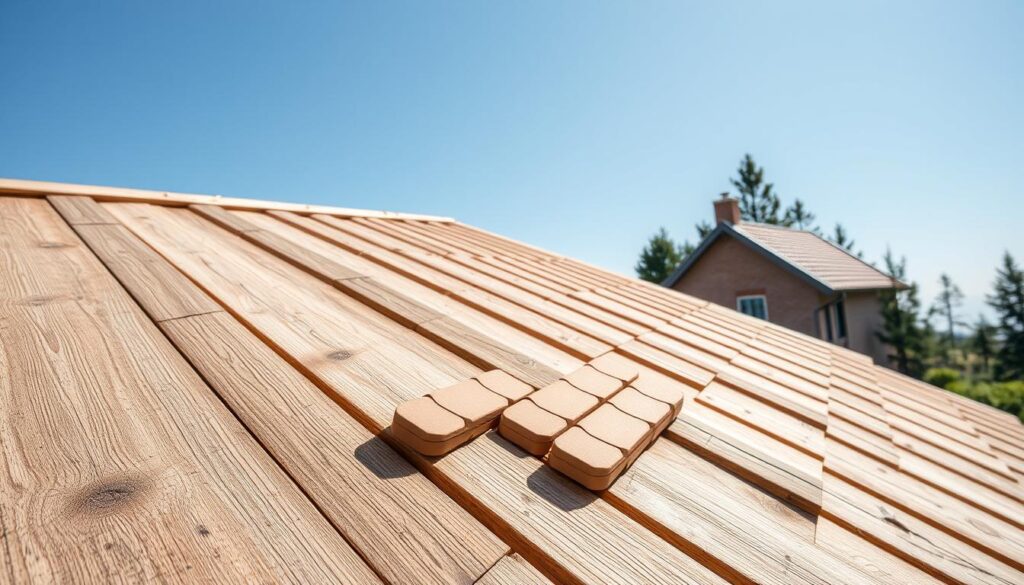 A close-up view of a wooden roof structure showcasing evenly spaced battens, or "łaty," on a sloping roof under a clear blue sky. The foreground features detailed textures of the timber, revealing the grain and natural imperfections. The middle ground highlights the arrangement of the battens, demonstrating precise spacing ideal for roofing tiles, with a few sample roof tiles placed next to them for clarity. In the background, a picturesque house with a completed roof can be seen, surrounded by trees, enhancing the overall setting. Bright, natural lighting illuminates the scene, casting soft shadows that emphasize the dimensionality of the wood. The atmosphere should be informative yet inviting, aimed at educating viewers about proper roofing techniques.