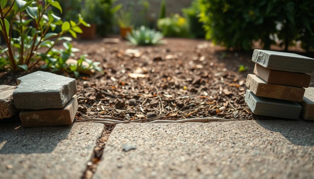 A close-up view of improperly laid curbs in a garden setting, illustrating common mistakes. In the foreground, focus on unevenly stacked curb stones, with some toppled and misaligned. The middle ground should show a partially visible garden area with brown patches of soil and scattered debris, indicating poor installation. In the background, a lush garden with well-maintained plants contrasts the error, highlighting the impact of the mistakes. Soft natural lighting enhances the scene, focusing on the textures of the stones and soil. The perspective should be at ground level, capturing the details up close, while maintaining a clear view of the entire composition. The mood is educational and slightly cautionary, aiming to inform viewers about landscaping errors without showing any people. A close-up view of improperly laid curbs in a garden setting, illustrating common mistakes. In the foreground, focus on unevenly stacked curb stones, with some toppled and misaligned. The middle ground should show a partially visible garden area with brown patches of soil and scattered debris, indicating poor installation. In the background, a lush garden with well-maintained plants contrasts the error, highlighting the impact of the mistakes. Soft natural lighting enhances the scene, focusing on the textures of the stones and soil. The perspective should be at ground level, capturing the details up close, while maintaining a clear view of the entire composition. The mood is educational and slightly cautionary, aiming to inform viewers about landscaping errors without showing any people.