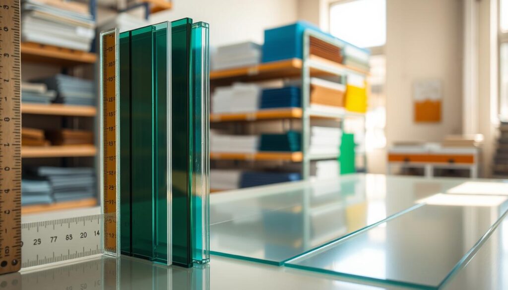 A close-up view of polycarbonate sheets displayed in a well-lit hardware store, showcasing various thicknesses and colors. In the foreground, several transparent and tinted panels, reflecting light beautifully, are neatly arranged beside a ruler to indicate measurements. The middle ground features shelves stocked with different sizes of polycarbonate sheets, while the background gently blurs into an off-white wall, adding depth without distractions. The lighting is bright and natural, flowing in from a nearby window, creating an inviting and informative atmosphere. Emphasize the smooth texture and durability of the sheets, illustrating their practical applications for roofing and building projects. The overall mood is professional and engaging, perfect for an educational context. A close-up view of polycarbonate sheets displayed in a well-lit hardware store, showcasing various thicknesses and colors. In the foreground, several transparent and tinted panels, reflecting light beautifully, are neatly arranged beside a ruler to indicate measurements. The middle ground features shelves stocked with different sizes of polycarbonate sheets, while the background gently blurs into an off-white wall, adding depth without distractions. The lighting is bright and natural, flowing in from a nearby window, creating an inviting and informative atmosphere. Emphasize the smooth texture and durability of the sheets, illustrating their practical applications for roofing and building projects. The overall mood is professional and engaging, perfect for an educational context.
