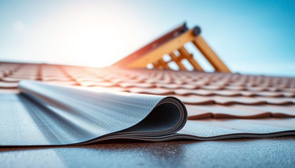 A close-up view of self-adhesive roofing felt, highlighting its glossy surface and layered thickness. In the foreground, showcase a detailed roll of the material, with the adhesive side slightly exposed to emphasize its stickiness. The middle ground features a newly installed section of roofing felt on a wooden roof structure, showcasing seamless overlaps and a clean finish. In the background, a bright blue sky peeks through, illuminated by natural sunlight, creating a vibrant atmosphere. The overall mood conveys professionalism and reliability, making it an ideal representation of the advantages of self-adhesive roofing felt. The composition should be shot with a slightly elevated angle, in sharp focus, to emphasize texture and quality without any text or embellishments.