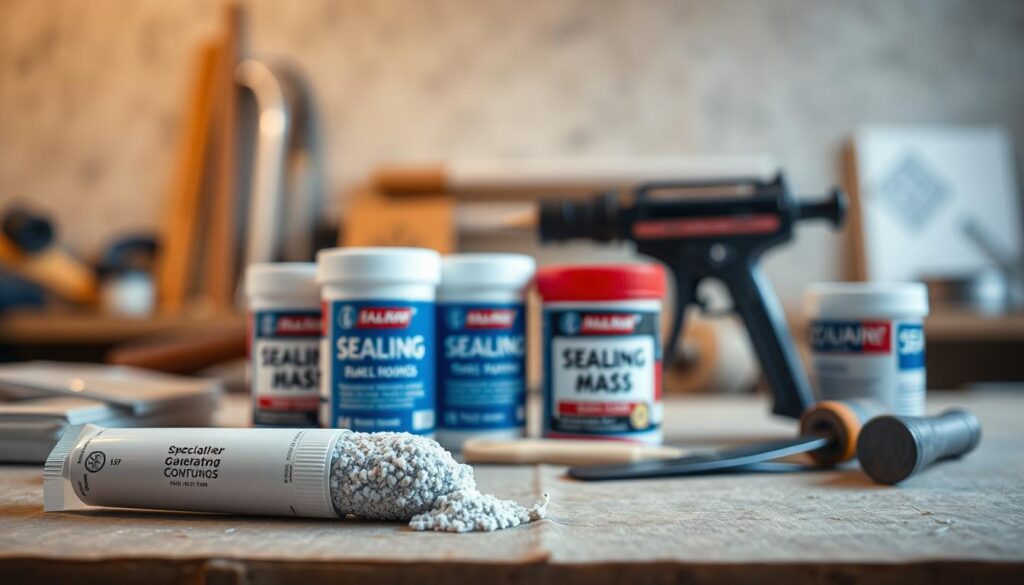 A close-up view of specialized sealing compounds in various forms, such as tubes and containers, showcasing their textures and colors. In the foreground, a partially opened tube of sealing mass is prominently displayed, with a small amount squeezed out to reveal its consistency. In the middle ground, several containers with labels indicating their specific applications are arranged aesthetically, while tools such as a caulking gun and a putty knife are included to enhance the context. The background is softly blurred, featuring a workshop atmosphere with subtle lighting that creates a professional and focused mood. The scene conveys a sense of expertise and practicality, suitable for illustrating the use of sealing compounds in roofing work, with neutral colors emphasizing the materials.