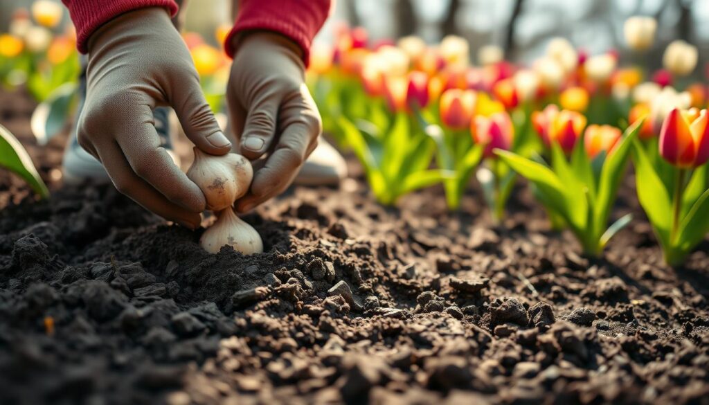 A close-up view of tulip bulbs being planted in rich, dark soil, showcasing the correct planting depth of around 6 inches. The foreground captures a pair of hands, wearing gardening gloves, delicately placing a bulb into the soil, ensuring the pointed end faces upwards. In the middle ground, freshly dug soil contrasts with vibrant green leaves of nearby tulip plants emerging as the season's growth begins. The background features a blurred garden landscape filled with colorful blooming tulips under soft, natural lighting that creates a warm, inviting atmosphere. The scene is framed using a shallow depth of field to highlight the planting process while softly blurring the background, adding depth and focus to the act of planting tulips.