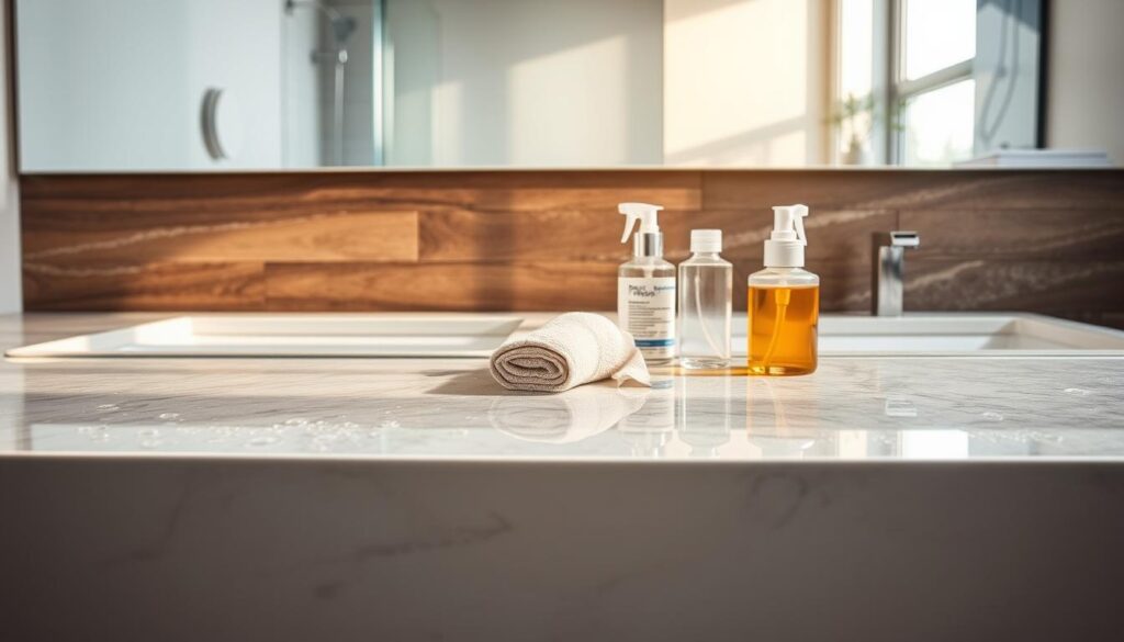 A close-up view of various bathroom countertop materials, including HPL (High-Pressure Laminate), cultured stone, wood, and natural stone, arranged elegantly side by side on a sleek bathroom surface. The foreground features polished finishes highlighting their durability, with droplets of water glistening on each surface to showcase water resistance. The middle section displays tools for maintenance, like a soft cloth and cleaning solution, emphasizing ease of care. In the background, a modern bathroom setting with soft, natural lighting illuminates the scene, creating a calm and inviting atmosphere. A mirror reflects the countertops, adding depth to the image. The mood is professional, highlighting the importance of choosing durable materials for a lasting bathroom environment. A close-up view of various bathroom countertop materials, including HPL (High-Pressure Laminate), cultured stone, wood, and natural stone, arranged elegantly side by side on a sleek bathroom surface. The foreground features polished finishes highlighting their durability, with droplets of water glistening on each surface to showcase water resistance. The middle section displays tools for maintenance, like a soft cloth and cleaning solution, emphasizing ease of care. In the background, a modern bathroom setting with soft, natural lighting illuminates the scene, creating a calm and inviting atmosphere. A mirror reflects the countertops, adding depth to the image. The mood is professional, highlighting the importance of choosing durable materials for a lasting bathroom environment.