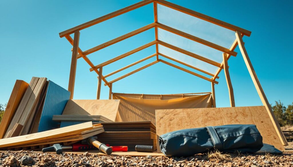 A collection of building materials for constructing a lean-to shelter, arranged in a well-lit outdoor setting. In the foreground, display treated wooden beams, corrugated metal sheets, and sturdy plywood panels. In the middle, include a toolbox with essential tools like a hammer, saw, and nails, alongside a neatly coiled roll of waterproof tarpaulin. In the background, depict a partially constructed shelter framework against a clear blue sky, allowing sunlight to create dynamic shadows. Emphasize a sense of optimism and practical preparation in the atmosphere, using warm natural lighting to enhance the colors of the materials, showcasing textures and details effectively. Capture this from a slightly elevated angle to provide depth and context for the construction process. A collection of building materials for constructing a lean-to shelter, arranged in a well-lit outdoor setting. In the foreground, display treated wooden beams, corrugated metal sheets, and sturdy plywood panels. In the middle, include a toolbox with essential tools like a hammer, saw, and nails, alongside a neatly coiled roll of waterproof tarpaulin. In the background, depict a partially constructed shelter framework against a clear blue sky, allowing sunlight to create dynamic shadows. Emphasize a sense of optimism and practical preparation in the atmosphere, using warm natural lighting to enhance the colors of the materials, showcasing textures and details effectively. Capture this from a slightly elevated angle to provide depth and context for the construction process.
