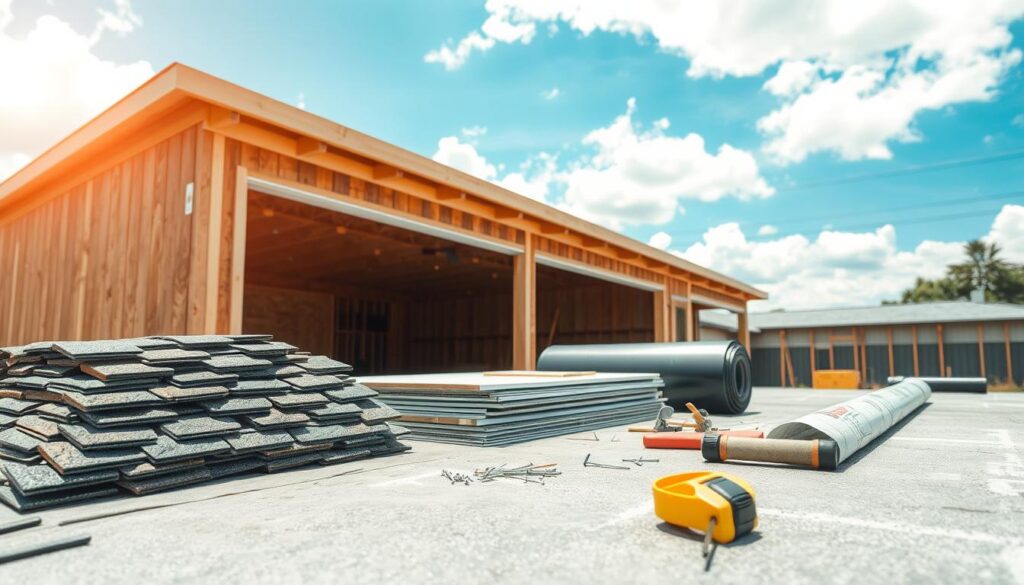 A collection of roofing materials for a single-slope garage roof neatly arranged on a flat surface. In the foreground, showcase asphalt shingles in varying shades of gray, metal sheets, and wooden beams stacked creatively. The middle ground features a pile of insulation panels and a roll of waterproof membrane next to some roofing nails and tools, like a hammer and measuring tape. The background captures the outline of a modern garage structure, partially completed, against a bright blue sky with soft white clouds. The scene is illuminated by warm sunlight, creating a productive, inviting atmosphere. The angle is slightly elevated, providing a comprehensive view of the materials. A collection of roofing materials for a single-slope garage roof neatly arranged on a flat surface. In the foreground, showcase asphalt shingles in varying shades of gray, metal sheets, and wooden beams stacked creatively. The middle ground features a pile of insulation panels and a roll of waterproof membrane next to some roofing nails and tools, like a hammer and measuring tape. The background captures the outline of a modern garage structure, partially completed, against a bright blue sky with soft white clouds. The scene is illuminated by warm sunlight, creating a productive, inviting atmosphere. The angle is slightly elevated, providing a comprehensive view of the materials.