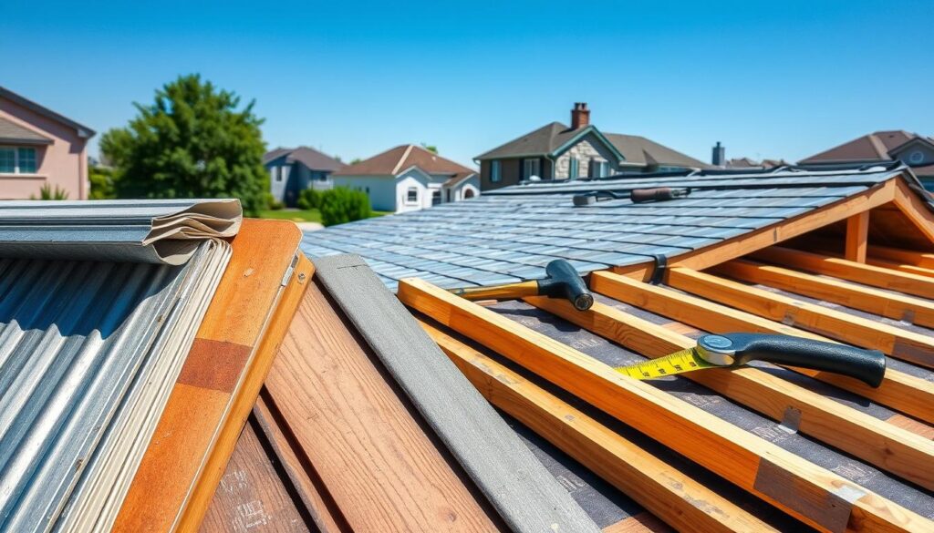 A collection of roofing materials for a sloped roof, prominently displayed in the foreground, featuring various options such as sheets of metal roofing, insulation panels, and wooden battens. In the middle ground, showcase a partially completed roof structure, demonstrating the installation process with tools like a hammer and measuring tape. The background should feature a suburban neighborhood with houses under clear blue skies, emphasizing the context of roofing work. The lighting is bright and natural, suggesting a sunny day, while the angle captures a slightly elevated view to showcase the roof and materials effectively. The mood is professional and informative, focused on practical roofing solutions.