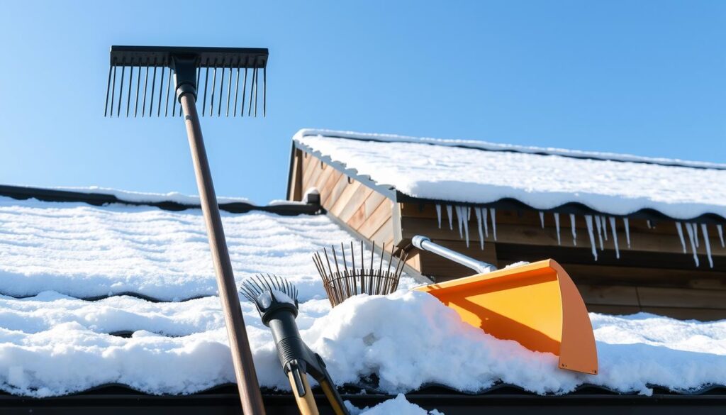 A collection of snow removal tools for roofs, including a sturdy roof rake with a long handle and a snow pusher, displayed prominently in the foreground. The middle ground features a weathered rooftop blanketed in fresh snow, with icicles hanging from the eaves. In the background, a clear blue sky enhances the scene, suggesting a bright winter day. The lighting is natural and bright, casting soft shadows that highlight the contours of the tools and roof. The atmosphere is calm yet alert, emphasizing safety and preparedness in winter maintenance. No people are present, ensuring the focus remains solely on the equipment. The image should be realistic and detailed, perfect for illustrating a section about tools for safe snow removal from rooftops. A collection of snow removal tools for roofs, including a sturdy roof rake with a long handle and a snow pusher, displayed prominently in the foreground. The middle ground features a weathered rooftop blanketed in fresh snow, with icicles hanging from the eaves. In the background, a clear blue sky enhances the scene, suggesting a bright winter day. The lighting is natural and bright, casting soft shadows that highlight the contours of the tools and roof. The atmosphere is calm yet alert, emphasizing safety and preparedness in winter maintenance. No people are present, ensuring the focus remains solely on the equipment. The image should be realistic and detailed, perfect for illustrating a section about tools for safe snow removal from rooftops.