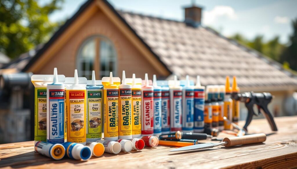 A collection of various roofing sealants displayed on a wooden workbench. In the foreground, crisp tubes of sealants in vibrant colors like blue, yellow, and orange, some with open caps showing the product. In the middle ground, an assortment of tools such as a caulking gun and putty knife rests beside them, adding depth to the scene. The background features a blurred view of a pitched roof under bright daylight, showcasing the importance of leak repairs. Soft natural lighting streams from the left side, creating subtle shadows and highlights, while the image is captured at a slight angle for dynamic perspective. The atmosphere conveys professionalism and reliability, ideal for a construction setting focused on effective roof sealing solutions. A collection of various roofing sealants displayed on a wooden workbench. In the foreground, crisp tubes of sealants in vibrant colors like blue, yellow, and orange, some with open caps showing the product. In the middle ground, an assortment of tools such as a caulking gun and putty knife rests beside them, adding depth to the scene. The background features a blurred view of a pitched roof under bright daylight, showcasing the importance of leak repairs. Soft natural lighting streams from the left side, creating subtle shadows and highlights, while the image is captured at a slight angle for dynamic perspective. The atmosphere conveys professionalism and reliability, ideal for a construction setting focused on effective roof sealing solutions.