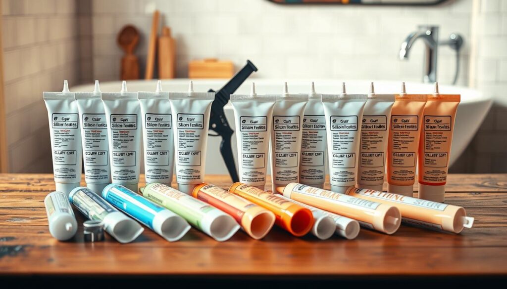 A collection of various types of sanitary silicones displayed artistically on a wooden table. In the foreground, a neatly arranged selection of silicone tubes in different colors and textures: clear, neutral, and acetic silicones, each labeled for identification. The middle layer showcases subtle tools like a caulking gun and a smoothing tool, hinting at their usage. The background is softly blurred with a bathroom setting, featuring tiles and a sink to create context. Warm, natural lighting creates an inviting atmosphere, highlighting the products' features while maintaining a professional look. Use a shallow depth of field to focus on the silicones, capturing their specifics in detail, while ensuring the scene is clean and organized.