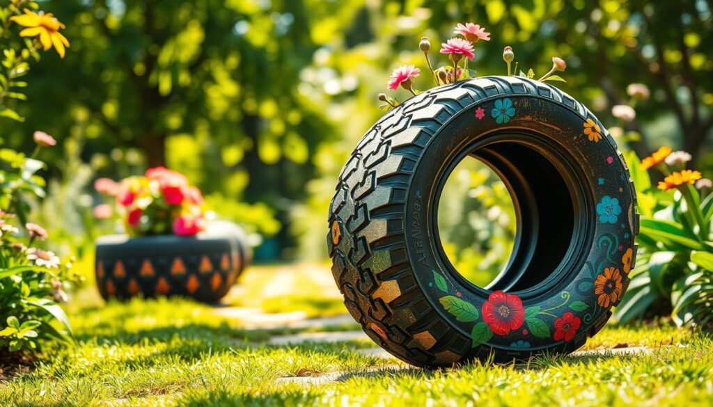 A colorful, creatively painted tire garden planter, set against a lush green garden backdrop. The foreground features the rubber tire, vibrantly decorated with patterns of flowers and geometric shapes, showcasing various paint techniques such as splattering and stenciling. To the left, blooming flowers and vibrant greenery extend from the tire, enhancing the artistic theme. The middle ground captures a soft, sunlit path that leads to more decorated tires, hinting at a DIY garden project. In the background, a blurred image of trees and plants creates a tranquil garden atmosphere. The lighting is warm and inviting, filtering gently through the leaves, emphasizing the textures of the paint and rubber. The overall mood is inspiring and cheerful, perfect for showcasing innovative tire art in gardening. A colorful, creatively painted tire garden planter, set against a lush green garden backdrop. The foreground features the rubber tire, vibrantly decorated with patterns of flowers and geometric shapes, showcasing various paint techniques such as splattering and stenciling. To the left, blooming flowers and vibrant greenery extend from the tire, enhancing the artistic theme. The middle ground captures a soft, sunlit path that leads to more decorated tires, hinting at a DIY garden project. In the background, a blurred image of trees and plants creates a tranquil garden atmosphere. The lighting is warm and inviting, filtering gently through the leaves, emphasizing the textures of the paint and rubber. The overall mood is inspiring and cheerful, perfect for showcasing innovative tire art in gardening.