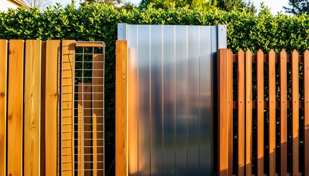 A comparison of various types of garden fences showcasing their durability and aesthetics. In the foreground, a well-maintained wooden fence highlights its natural grain and texture, contrasted by a sturdy wire mesh fence beside it. The middle ground features sleek metal panels that reflect sunlight, demonstrating modern durability. A lush green hedge serves as the backdrop, representing a living boundary. The scene is bathed in warm, golden hour lighting, casting soft shadows and emphasizing the textures of each fence type. The perspective is slightly elevated to capture the entire layout, creating a serene and informative atmosphere, perfect for illustrating a detailed comparison of fencing options.