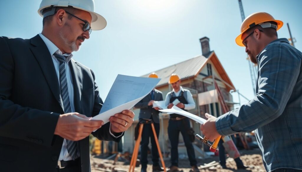 A construction scene showcasing the various activities that require a permit for raising a roof. In the foreground, an architect in professional business attire examines blueprints against a backdrop of an old house with a slightly raised roof, symbolizing the renovation process. In the middle ground, a team of builders measures and discusses plans, equipped with tools like levels and hammers, highlighting collaboration and careful planning. The background features a clear blue sky and scaffolding around the house, indicating ongoing work. Soft, natural sunlight illuminates the scene, creating a professional yet approachable atmosphere. The angle captures both the detailed architecture and the dynamic teamwork involved in this renovation project. A construction scene showcasing the various activities that require a permit for raising a roof. In the foreground, an architect in professional business attire examines blueprints against a backdrop of an old house with a slightly raised roof, symbolizing the renovation process. In the middle ground, a team of builders measures and discusses plans, equipped with tools like levels and hammers, highlighting collaboration and careful planning. The background features a clear blue sky and scaffolding around the house, indicating ongoing work. Soft, natural sunlight illuminates the scene, creating a professional yet approachable atmosphere. The angle captures both the detailed architecture and the dynamic teamwork involved in this renovation project.
