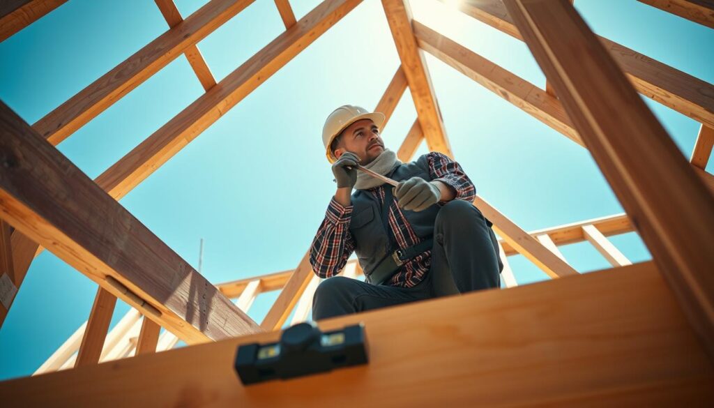 A construction worker in professional attire, focused on setting the diagonal of a wooden roof framework, with a tailored triangular measurement tool in hand. In the foreground, detailed tools like a level and tape measure lie on a wooden beam. The middle ground showcases an unfinished wooden roof structure with visible rafters and stakes positioned for alignment. The background displays a clear blue sky, framing the scene with sunlight illuminating the construction site. The mood is industrious and methodical, capturing the precision required in architecture. Use a wide-angle lens to emphasize the scale of the roof structure while ensuring the lighting highlights the worker's concentration and the textures of the wood.