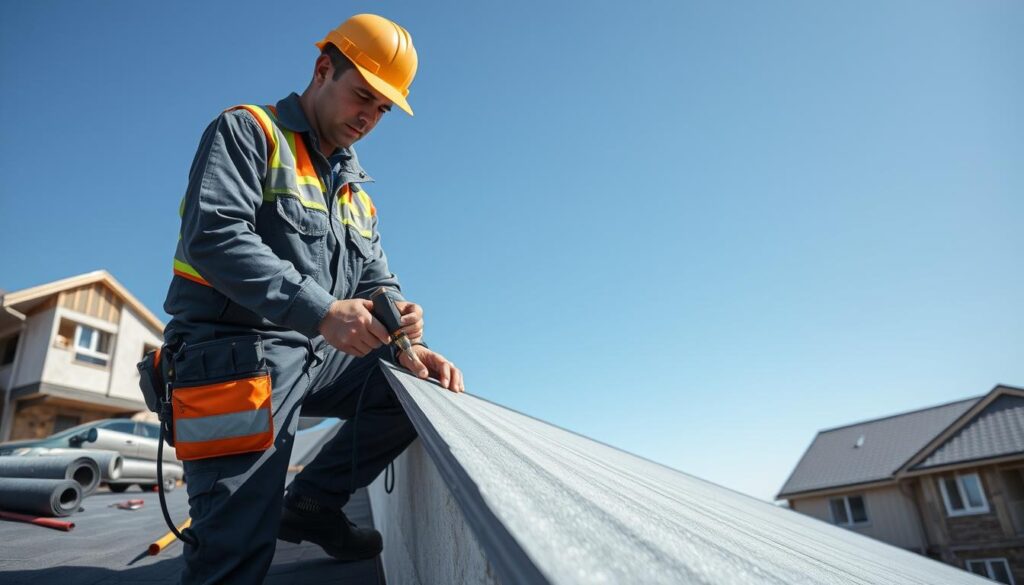 A construction worker in professional attire skillfully installing roofing felt (papę dachową) on a sloped roof under a clear blue sky. In the foreground, focus on the worker applying a torch to the edge of the roofing material, showcasing the process of thermal welding. In the middle ground, elements such as tools, rolls of roofing felt, and a partially completed roof can be seen to emphasize the installation process. The background includes a residential building with unfinished upper story construction, ensuring a realistic setting. Bright, even lighting illuminates the scene, creating a vibrant atmosphere that conveys action and professionalism. The angle should be slightly elevated to capture the worker's focused expression and the details of the roofing materials effectively.