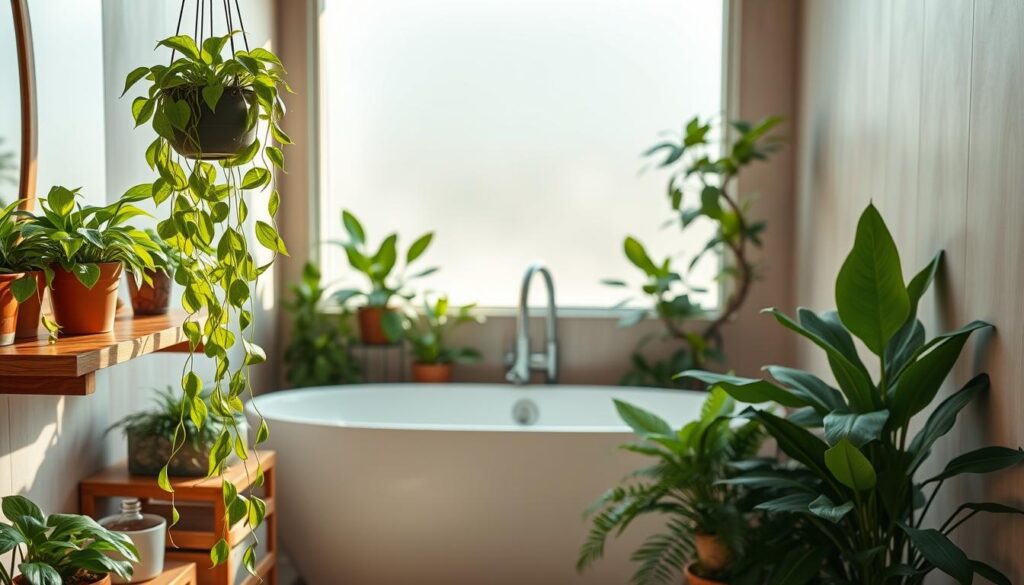 A cozy bathroom scene featuring lush, green houseplants carefully arranged on shelves and surfaces. In the foreground, include a vibrant pothos trailing from a hanging planter, with spider plants and peace lilies on a wooden shelf, all thriving in bright, indirect light. In the middle, show a sleek, modern bathtub surrounded by pebbles, with plants like ferns and dracaenas nestled nearby. The background includes soft, natural light filtering through frosted glass, creating a serene atmosphere. Use a warm color palette to evoke tranquility and well-being. The scene should reflect a nurturing environment for plants in a windowless bathroom, showcasing effective indoor gardening techniques. Focus on maintaining a clean and inviting aesthetic without any human figures or text overlays.