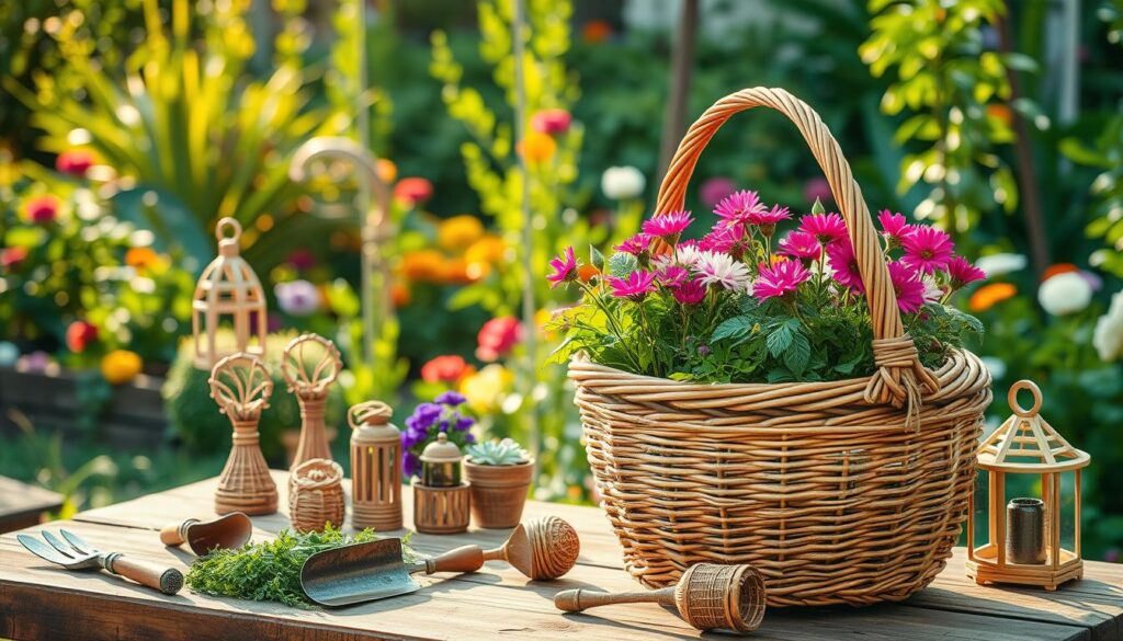 A cozy garden scene featuring a wicker basket creatively used for DIY projects. In the foreground, a rustic wicker basket filled with vibrant flowers and herbs sits on a wooden table, surrounded by gardening tools, like small shovels and pots. In the middle ground, various DIY decorations made from smaller wicker pieces, such as lanterns and plant holders, are artistically arranged. The background reveals a lush garden with greenery and colorful flowering plants, illuminated by warm, soft sunlight filtering through the leaves. The overall mood is cheerful and inviting, reflecting a creative and natural atmosphere perfect for gardening enthusiasts. The composition is photographed from a slightly elevated angle to capture both the details of the basket and the beauty of the garden.
