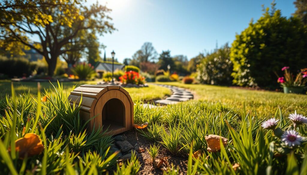 A cozy hedgehog shelter in a serene garden setting. In the foreground, a small wooden hedgehog house with a rounded entrance sits nestled among soft green grass, surrounded by colorful flowers. A few leaves and twigs are scattered around, enhancing the natural look. In the middle ground, a small path lined with rocks leads to the shelter, with gentle sunlight creating dappled shadows on the ground. The background features a lush garden with trees and shrubs under a clear blue sky, evoking a peaceful atmosphere. The lighting is warm and inviting, suggesting late afternoon. The scene captures the essence of a safe haven for hedgehogs, emphasizing their natural habitat. A cozy hedgehog shelter in a serene garden setting. In the foreground, a small wooden hedgehog house with a rounded entrance sits nestled among soft green grass, surrounded by colorful flowers. A few leaves and twigs are scattered around, enhancing the natural look. In the middle ground, a small path lined with rocks leads to the shelter, with gentle sunlight creating dappled shadows on the ground. The background features a lush garden with trees and shrubs under a clear blue sky, evoking a peaceful atmosphere. The lighting is warm and inviting, suggesting late afternoon. The scene captures the essence of a safe haven for hedgehogs, emphasizing their natural habitat.