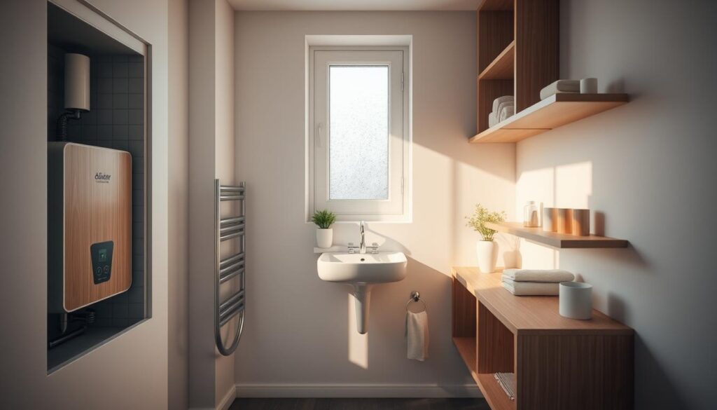 A cozy, modern small bathroom with practical solutions for space optimization. In the foreground, a stylish built-in cabinet seamlessly conceals a water heater, designed with a sleek wood finish. The middle ground features a compact sink with a minimalist design, flanked by thoughtful storage shelves that maximize vertical space. The walls are painted in soft, calming tones, enhancing the feeling of openness. Natural light streams in through a frosted window, casting gentle shadows and creating a warm, inviting atmosphere. A small potted plant adds a touch of greenery, harmonizing with the design. The overall ambiance is functional yet aesthetically pleasing, showcasing innovative storage solutions ideal for small bathrooms.