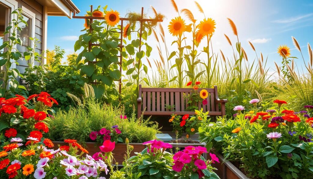 A cozy small garden filled with a diverse selection of vibrant plants, including colorful flowers, lush greenery, and compact shrubs, creating an inviting and thriving micro-ecosystem. In the foreground, showcase a variety of flowering plants such as petunias and marigolds in raised beds, alongside herbs like basil and thyme. The middle ground features a charming wooden bench and trellised climbing plants like sweet peas. In the background, towering sunflowers and ornamental grasses provide texture against a bright blue sky, illuminated by warm, golden sunlight. Capture the scene from a slightly elevated angle to emphasize the layering of plants, enhancing the garden's depth. The overall mood exudes tranquility and creativity, perfect for maximizing space in a small outdoor area.