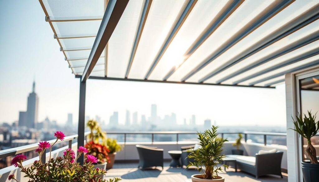 A cozy terrace showcasing a modern design, featuring a translucent polycarbonate roof that elegantly covers the space. In the foreground, vibrant potted plants add a touch of greenery, while a stylish outdoor seating arrangement provides a comfortable atmosphere. The middle section highlights the polycarbonate panels, showing their unique texture and light-diffusing properties, allowing soft sunlight to filter through, creating a warm glow. In the background, a soft-focus city skyline under a bright blue sky establishes context, enhancing the terrace's urban charm. The overall mood is inviting and serene, with natural light illuminating the scene, captured from a slightly elevated angle to emphasize the roof's structural benefits. A cozy terrace showcasing a modern design, featuring a translucent polycarbonate roof that elegantly covers the space. In the foreground, vibrant potted plants add a touch of greenery, while a stylish outdoor seating arrangement provides a comfortable atmosphere. The middle section highlights the polycarbonate panels, showing their unique texture and light-diffusing properties, allowing soft sunlight to filter through, creating a warm glow. In the background, a soft-focus city skyline under a bright blue sky establishes context, enhancing the terrace's urban charm. The overall mood is inviting and serene, with natural light illuminating the scene, captured from a slightly elevated angle to emphasize the roof's structural benefits.