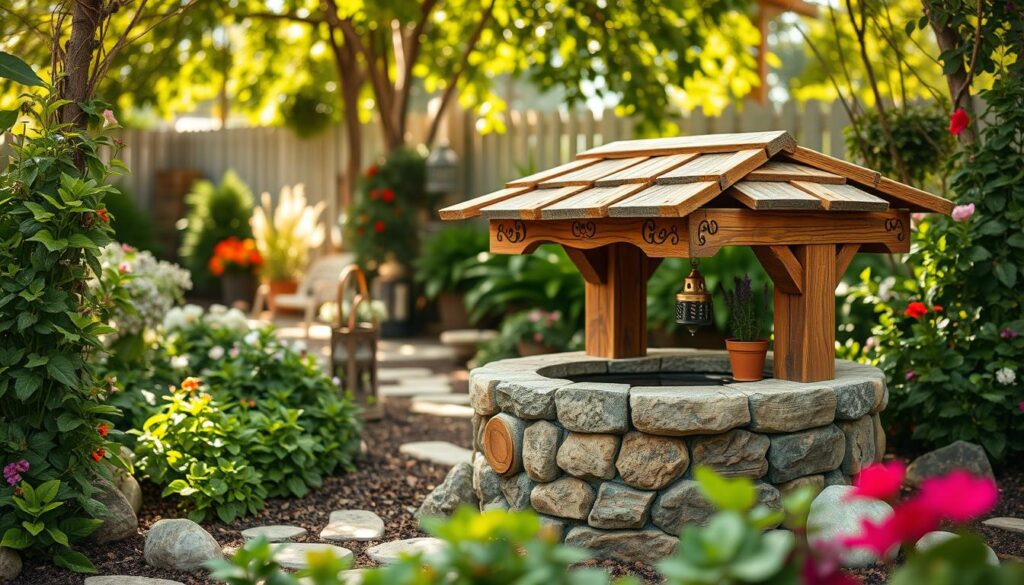A creative garden well surrounded by lush green plants and colorful flowers, designed with innovative materials like reclaimed wood and decorative stones. In the foreground, a rustic wooden well cover with intricate carvings sits atop a stone base, enhancing its natural aesthetic. The middle ground features a variety of decorative elements, such as hanging lanterns and potted herbs, inviting a sense of whimsy and charm. In the background, a serene garden setting with soft sunlight filtering through the leaves creates a warm and inviting atmosphere. The lens captures details sharply, with a slight bokeh effect to emphasize the well's artistry. The mood is peaceful and inspiring, showcasing imaginative ways to encase a garden well while ensuring safety and functionality.