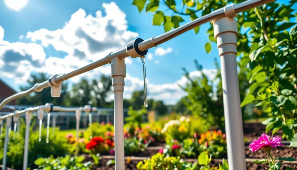 A detailed PVC irrigation system set in a vibrant garden scene. In the foreground, a series of neatly arranged PVC pipes, connected to various drip emitters, water lush, green plants and flowers, showcasing efficient watering. The middle ground features colorful, flourishing garden beds, where vegetables and ornamental plants flourish under the gentle sunlight. In the background, a blue sky peeks through scattered clouds, illuminating the garden. The lighting is warm and inviting, enhancing the vivid colors of the plants and the white PVC pipes. Capture a sense of harmony and sustainability within this DIY garden irrigation setup, emphasizing the practical use of PVC pipes in gardening. The composition should maintain a sharp focus on the irrigation system’s details, with a depth of field that subtly blurs the background.