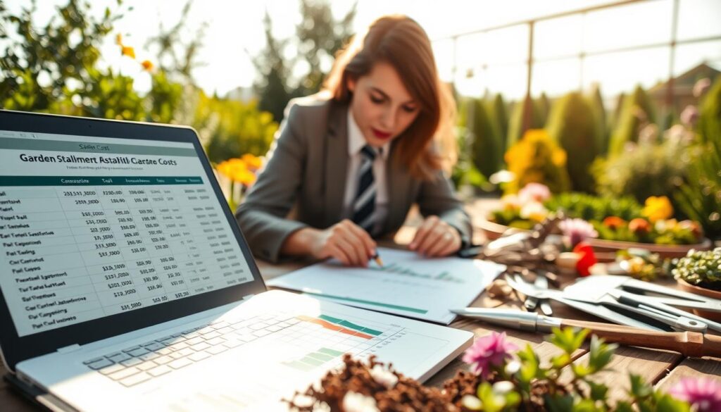A detailed analysis of garden cost featuring a well-organized table with various categories such as soil, plants, labor, and maintenance. In the foreground, a laptop showing a spreadsheet with graphs and numerical data related to garden establishment costs. In the middle, a person in professional attire, focusing intently on the numerical analysis, surrounded by gardening tools and samples of plants. In the background, a sunlit garden setup, showcasing diverse flowers and shrubs, with a soft focus to create depth. The scene is illuminated by warm, natural light, evoking a productive and insightful atmosphere. The angle captures the subject’s concentration while highlighting the garden’s beauty. The overall mood is professional and analytical, aimed at understanding gardening expenses.