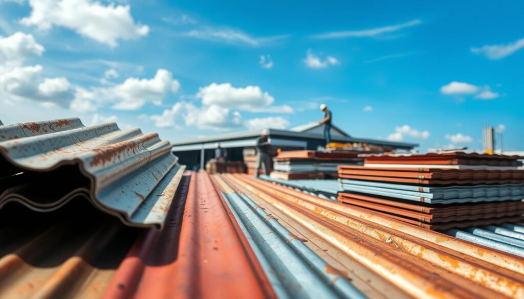 A detailed and informative comparison of various types of metal roofing materials highlighting their durability. In the foreground, close-up views of different metal sheets with distinct textures and colors—galvanized steel, aluminum, and copper—showcased with wear and tear patterns demonstrating their longevity. In the middle ground, stacks of these roofing materials against a backdrop of a modern, well-lit construction site with workers in professional attire examining the materials. The background features a clear blue sky with soft clouds, symbolizing reliability. The lighting is bright and natural, emphasizing the materials’ luster. The mood is professional and informative, reflecting a sense of trust and durability in roofing choices.
