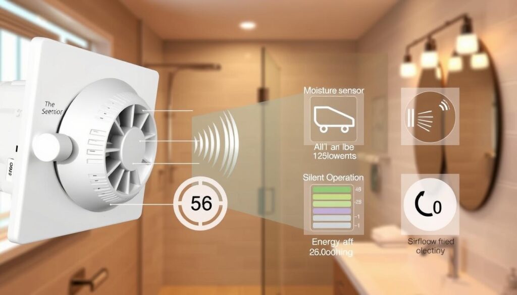 A detailed and informative illustration of essential fan parameters for a bathroom without a window. In the foreground, display a modern bathroom exhaust fan with visible features like an adjustable speed dial, moisture sensor, and silent operation indicator. In the middle ground, include technical diagrams or overlays pointing out airflow measurements, decibel levels, and energy efficiency ratings. The background should feature a softly lit bathroom, showcasing tiles and fixtures to enhance context. Utilize warm, ambient lighting to create a comfortable atmosphere, while focusing on clarity and precision in the fan's design. Capture the scene from a slightly elevated angle for a comprehensive view, ensuring no text or watermarks are present.