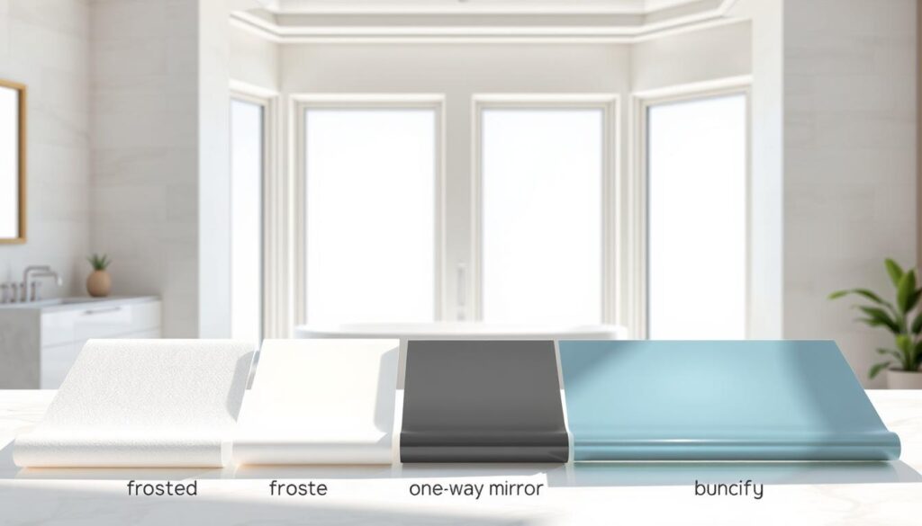 A detailed and informative illustration showcasing various types of window films for bathrooms. In the foreground, clearly display samples of frosted, matte, and reflective "one-way mirror" films, arranged neatly on a well-lit table to emphasize their textures and finishes. In the middle, depict a bright, modern bathroom setting with large windows partially covered by these films, demonstrating how each type filters light differently. The background should feature soft pastel tiles and a sleek bathtub, creating an inviting atmosphere. Use natural daylight to enhance the realism, with a focus on clarity and detail. The image should evoke a sense of tranquility and inspiration for bathroom design choices. A detailed and informative illustration showcasing various types of window films for bathrooms. In the foreground, clearly display samples of frosted, matte, and reflective "one-way mirror" films, arranged neatly on a well-lit table to emphasize their textures and finishes. In the middle, depict a bright, modern bathroom setting with large windows partially covered by these films, demonstrating how each type filters light differently. The background should feature soft pastel tiles and a sleek bathtub, creating an inviting atmosphere. Use natural daylight to enhance the realism, with a focus on clarity and detail. The image should evoke a sense of tranquility and inspiration for bathroom design choices.