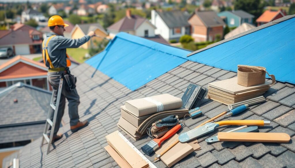 A detailed and informative scene depicting a roof painting process. In the foreground, a professional painter in a stylish construction outfit carefully applies a vibrant blue paint to a sloped roof, using a brush and ladder. In the middle ground, various roofing materials and tools are arranged neatly, showcasing options that may influence the cost of roof painting. Natural light illuminates the scene, casting soft shadows and creating a sense of warmth. In the background, a residential neighborhood is visible, with houses in varying colors, hinting at different painting trends. The overall atmosphere is industrious yet calm, suggesting a practical approach to home maintenance. A detailed and informative scene depicting a roof painting process. In the foreground, a professional painter in a stylish construction outfit carefully applies a vibrant blue paint to a sloped roof, using a brush and ladder. In the middle ground, various roofing materials and tools are arranged neatly, showcasing options that may influence the cost of roof painting. Natural light illuminates the scene, casting soft shadows and creating a sense of warmth. In the background, a residential neighborhood is visible, with houses in varying colors, hinting at different painting trends. The overall atmosphere is industrious yet calm, suggesting a practical approach to home maintenance.