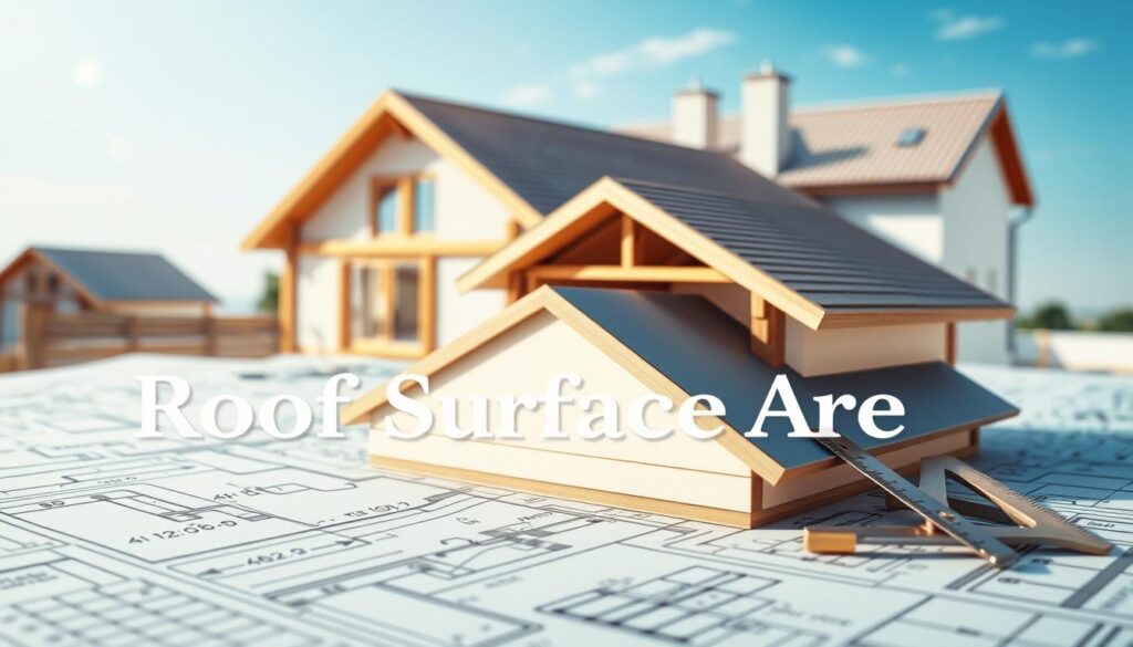 A detailed and instructional image illustrating the formula for calculating roof surface area, featuring a blueprint-style layout. In the foreground, display clear mathematical formulas in elegant typography, emphasized against a backdrop of architectural drawings and roof plans. The middle layer should include visual elements such as a sloped roof model, showcasing angles and dimensions, complemented by measuring tools like a ruler and protractor. The background should hint at a construction site or a home under a clear blue sky, creating an atmosphere of clarity and focus on calculation. Soft, natural lighting casts gentle shadows, enhancing the technical aspect. The overall mood should be professional, educational, and inspiring, suitable for an informative article section.