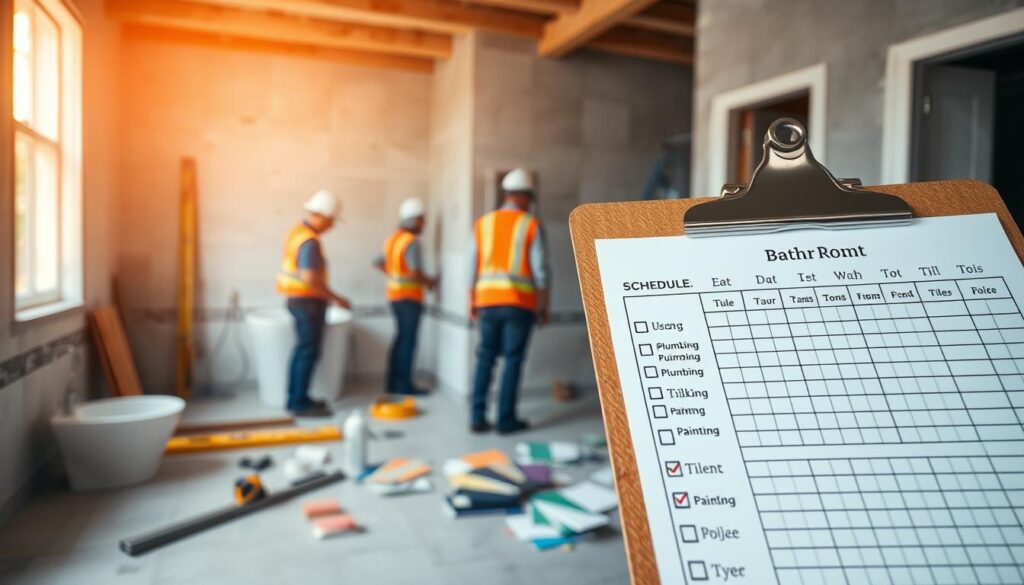 A detailed and organized construction schedule for bathroom renovations displayed prominently on a clipboard. The foreground features a close-up of the clipboard with neatly arranged papers showing dates, tasks, and checkboxes for plumbing, tiling, and painting. In the middle, a well-organized workspace with construction tools like a level, tape measure, and paint swatches. In the background, an under-construction bathroom with tiles partially laid, a sink being installed, and construction workers wearing hard hats and safety vests collaborating. Soft, natural lighting filters in through a window, casting a warm glow and creating a productive and focused atmosphere. The angle captures both the clipboard and the ongoing renovations, symbolizing a real timeline of work in progress. A detailed and organized construction schedule for bathroom renovations displayed prominently on a clipboard. The foreground features a close-up of the clipboard with neatly arranged papers showing dates, tasks, and checkboxes for plumbing, tiling, and painting. In the middle, a well-organized workspace with construction tools like a level, tape measure, and paint swatches. In the background, an under-construction bathroom with tiles partially laid, a sink being installed, and construction workers wearing hard hats and safety vests collaborating. Soft, natural lighting filters in through a window, casting a warm glow and creating a productive and focused atmosphere. The angle captures both the clipboard and the ongoing renovations, symbolizing a real timeline of work in progress.
