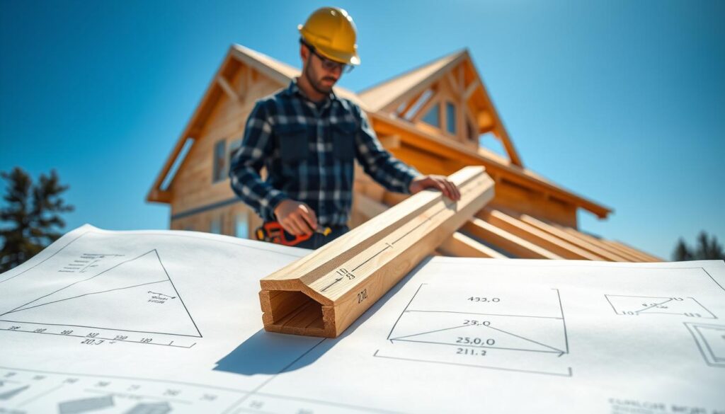 A detailed architectural blueprint illustrating the calculation of the length of a roof rafter for a gable roof. In the foreground, clearly visible geometric diagrams and mathematical formulas with dimensions labeled. The middle ground features a wooden rafter being held by a skilled carpenter in professional work attire, working on a construction site, measuring tools in hand. The background shows a partially constructed house with a gable roof, set against a clear blue sky, creating a bright and focused atmosphere. Soft natural lighting illuminates the scene, emphasizing the textures of the wood and tools. The angle captures the carpenter's concentration, highlighting the importance of accuracy in roofing construction.