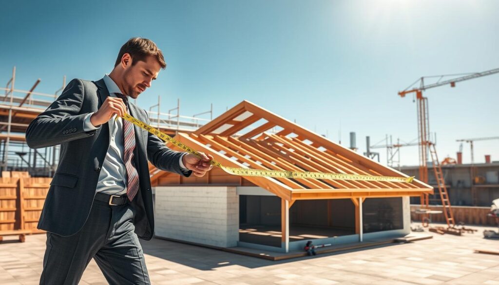 A detailed architectural illustration focusing on a roof slope calculation over a distance of 4 meters. In the foreground, a professional architect, dressed in business attire, is using a measuring tape to determine height differences, with a clear focus on the slope's angle. In the middle ground, a partially developed roof structure showcases a marked slope, with measurement indicators showing the difference in height. Natural sunlight illuminates the scene, creating realistic shadows and highlights, emphasizing the angle of the roof. The background features a construction site with scaffolding, tools, and a clear blue sky, conveying an active and professional atmosphere. The image should evoke a sense of precision and technical expertise.