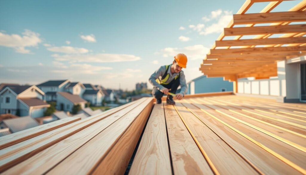 A detailed architectural illustration of a partially constructed roof with wooden decking, showcasing the advantages of roof decking for metal tiles. In the foreground, bright planks of timber are meticulously arranged, reflecting precise craftsmanship. In the middle ground, a skilled worker, dressed in a hard hat and professional attire, is measuring and adjusting the decking, ensuring proper installation. The background features a serene suburban setting with a clear blue sky and soft, ambient sunlight highlighting the textures of the wood. The atmosphere is calm and industrious, emphasizing safety and attention to quality. Use a wide-angle lens to capture the entire scene, ensuring clarity and depth throughout the image without any text or overlays.