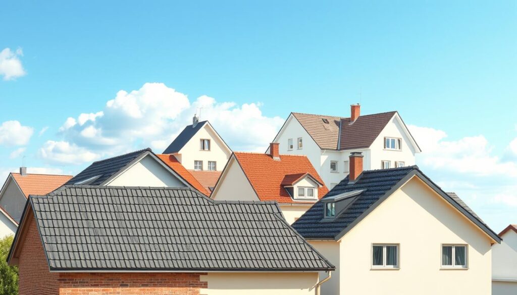 A detailed architectural illustration showcasing various types of roof slopes (spadków dachowych) in a residential setting. In the foreground, include three distinct roof designs: a gabled roof with a steep slope, a flat roof with slight incline, and a hipped roof demonstrating a moderate slope. In the middle ground, depict a variety of houses with these different roof types, emphasizing their angles and elevations. The background should feature a bright blue sky with soft white clouds, evoking a sense of clarity and focus on the structures. The lighting is natural, highlighting the textures of the roofing materials. Capture this scene from a slightly elevated angle to give a comprehensive view of the roof slopes, creating an informative and aesthetically pleasing image.